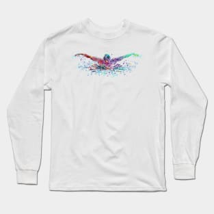 Boy Swimming Butterfly Stroke Watercolor Sport Gift Long Sleeve T-Shirt